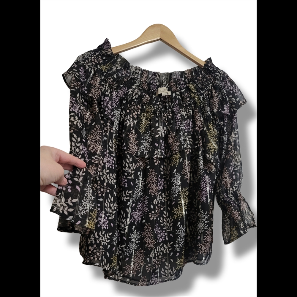🌿Loft Black Metallic Leaf Print Off-Shoulder Top, Women's Medium - Picture 8 of 13